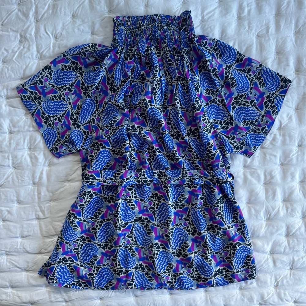 Rungolee XL Brooklyn long sleeve sapphire phoenix crane silk crepe blouse.